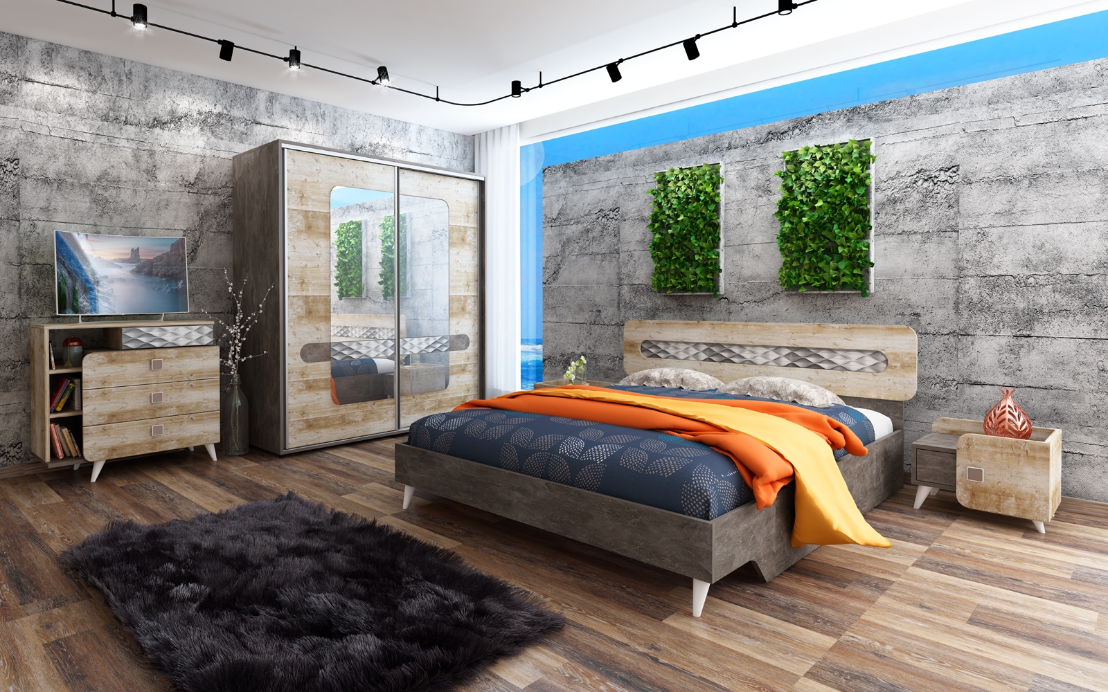 Σετ Κρεβατοκάμαρας 5 τεμαχίων 160/200 Σετ κρεβατοκάμαρας 3 τεμαχίων, διπλό κρεβάτι με 2 κομοδίνα, 160/200, Forest, Genomax - Image 1