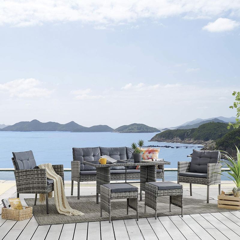 JOCKEY Set Dining Καθιστικό: Τραπέζι+3Θέσιος+2 Πολυθρόνες+ 2 Σκαμπό JOCKEY Set Dining Καθιστικό: Τραπέζι+3Θέσιος+2 Πολυθρόνες+ 2 Σκαμπό, Μέταλλο, Wicker Γκρι Table:120x66x66cm Set 7 Seats - Image 1