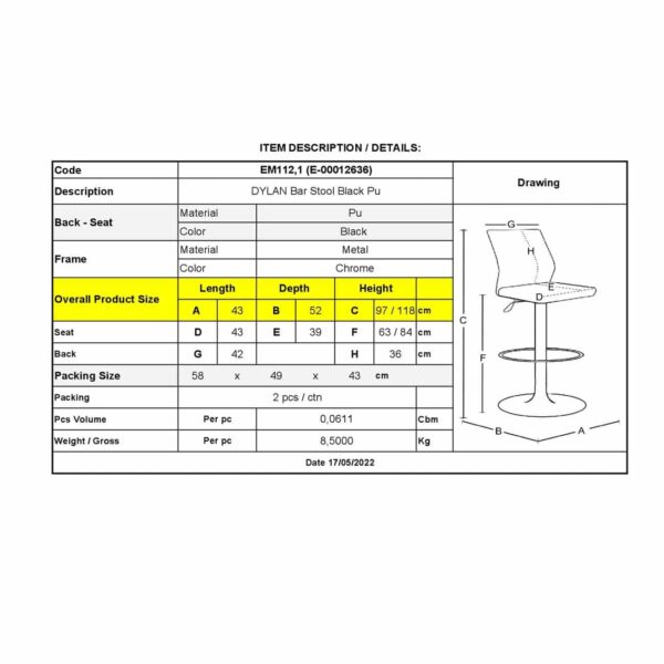 DYLAN Σκαμπό BAR με Πλάτη, Χρώμιο, Pu Μαύρο, Ρυθμιζόμενο Ύψος, Περιστρεφόμενο 40x52x63/97-84/118cm - Image 6