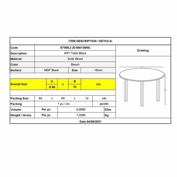ART Τραπέζι Οξιά Φυσικό, MDF  Μαύρο Φ60 H.70cm - Image 3