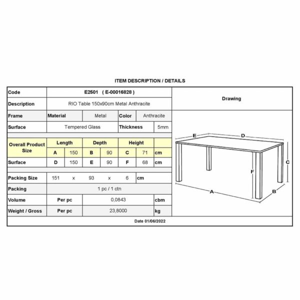 RIO Τραπέζι Κήπου - Βεράντας, Μέταλλο Βαφή Ανθρακί, Γυαλί 150x90x71cm - Image 3