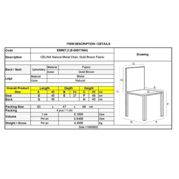 CELINA Καρέκλα Μέταλλο Βαφή Φυσικό, Ύφασμα Καφέ 45x54x85cm - Image 6