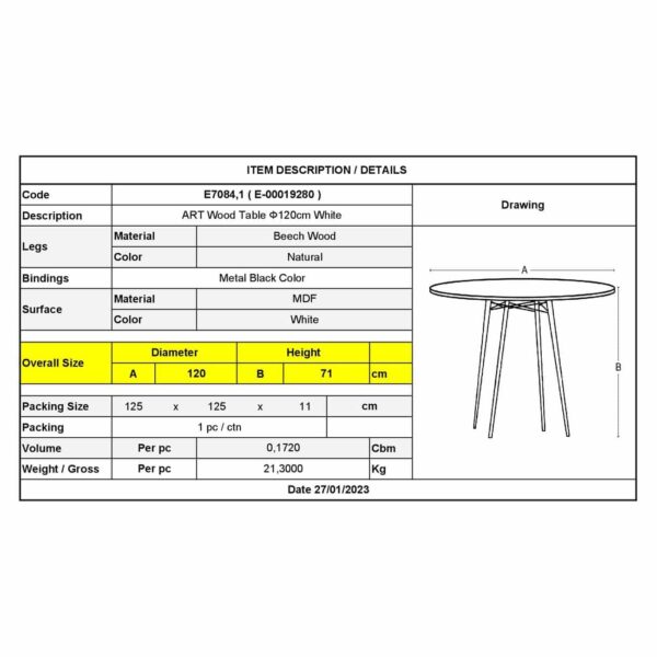 ART Wood Τραπέζι Τραπεζαρίας Κουζίνας, Πόδια Οξιά Φυσικό, Επιφάνεια MDF Άσπρο Φ120cm H.71cm - Image 3