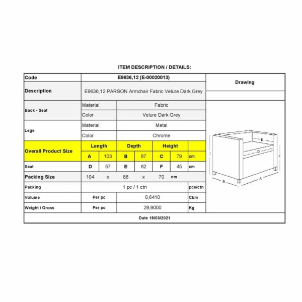PARSON Πολυθρόνα Σαλονιού - Καθιστικού, Ύφασμα Velure Απόχρωση Σκούρο Γκρι 103x87x79cm - Image 3