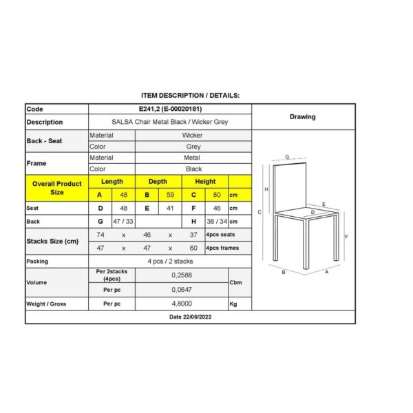 SALSA Καρέκλα Κήπου Βεράντας Μέταλλο Βαφή Μαύρο, Wicker Γκρι 48x59x80cm - Image 6