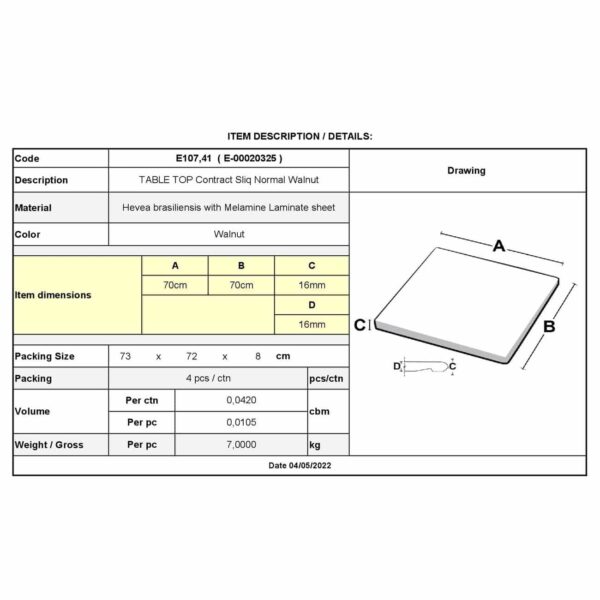 Contract Sliq Normal Επιφάνεια Τραπεζιού τ.Werzalit, Απόχρωση Walnut 70x70cm/16mm - Image 6