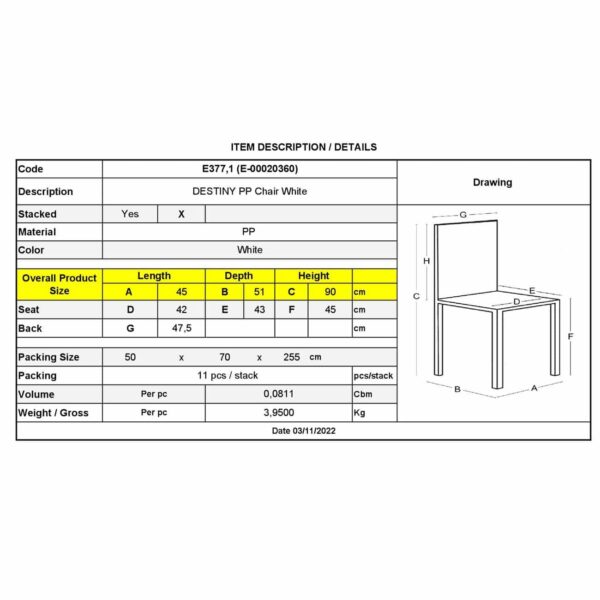 DESTINY Καρέκλα Πολυπροπυλένιο (PP), Απόχρωση Άσπρο, Στοιβαζόμενη 48x51x90cm - Image 6