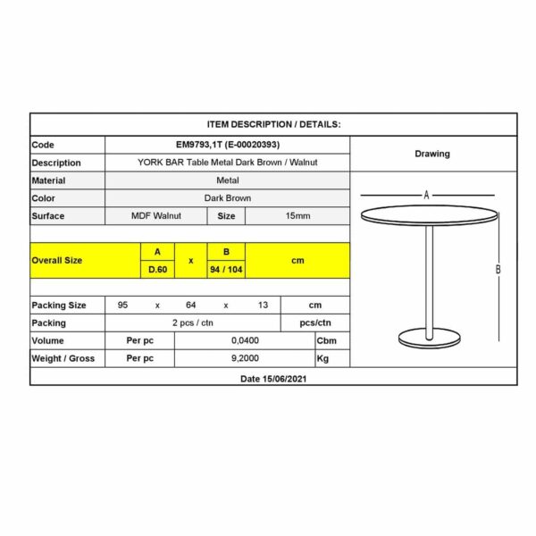 YORK Τραπέζι BAR Μέταλλο Βαφή Σκούρο Καφέ - Καρυδί 63x63x94/104cm Επιφάνεια:Φ60cm - Image 3