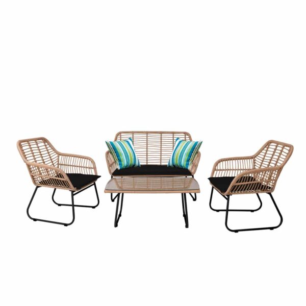 SALSA Set Σαλόνι Κήπου Μέταλλο Μαύρο, Wicker Φυσικό: Τραπέζι + Καναπέ 2Θέσιο + 2 Πολυθρόνες 94x56x44-120x70x86-67x71x83cm - Image 2