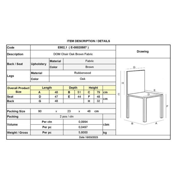 DOM Καρέκλα Τραπεζαρίας Απόχρωση Oak, Ύφασμα Καφέ 48x51x79cm - Image 6