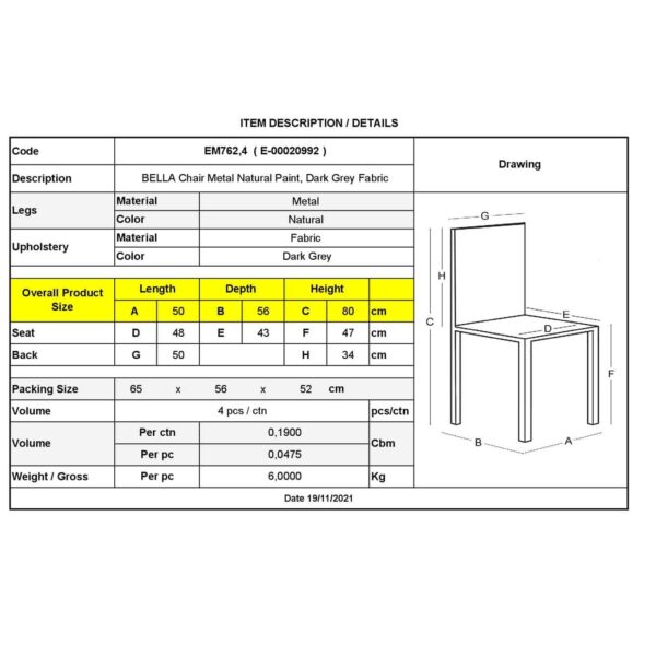 BELLA Καρέκλα Τραπεζαρίας, Μέταλλο Βαφή Φυσικό, Ύφασμα Απόχρωση Σκούρο Γκρι 50x56x80cm - Image 3