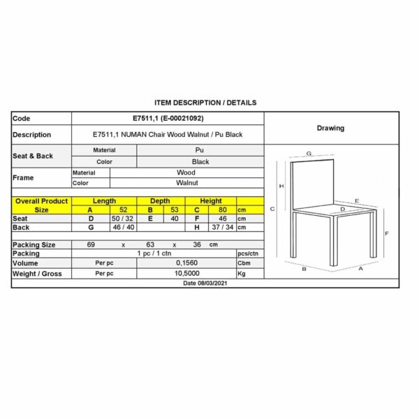 NUMAN Καρέκλα Τραπεζαρίας Καρυδί, PU Μαύρο 52x53x80cm - Image 6