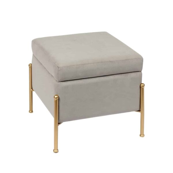 RAY Αποθηκευτικό Σκαμπό, Μέταλλο Βαφή Χρυσό, Ύφασμα Velure, Απόχρωση Γκρι 40x40x37cm - Image 2