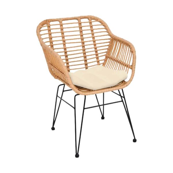 SALSA-W Πολυθρόνα Τραπεζαρίας Κήπου, Μέταλλο Βαφή Μαύρο, Wicker Φυσικό, Μαξιλάρι Εκρού 55x56x82cm - Image 2