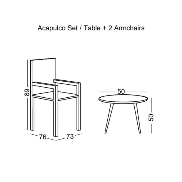 ACAPULCO Set Κήπου - Βεράντας: Τραπέζι + 2 Πολυθρόνες Μέταλλο Μαύρο / Rattan Άσπρο Τραπ:Φ50x50cm - Πολ:73x76x89cm - Image 3