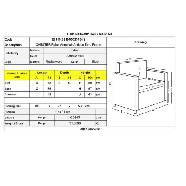CHESTER Relax Πολυθρόνα Μπερζέρα Σαλονιού, Καθιστικού Ύφασμα Απόχρωση Antique Εκρού 78x85x104cm - Image 8