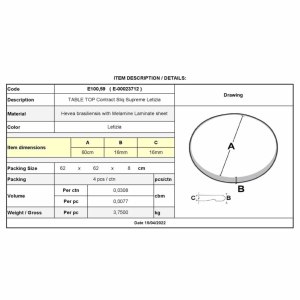 Contract Sliq Smooth Supreme Επιφάνεια Τραπεζιού τ.Werzalit Απόχρωση Letizia Φ60cm/16mm - Image 6