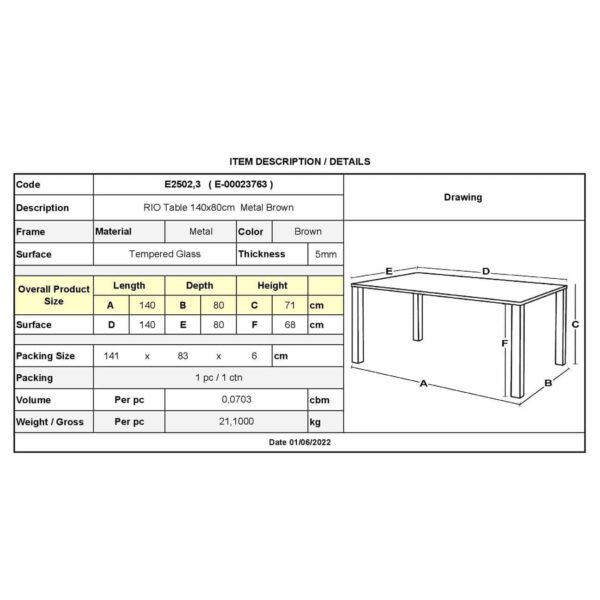 RIO Τραπέζι Κήπου - Βεράντας, Μέταλλο Βαφή Καφέ, Γυαλί 140x80x71cm - Image 3