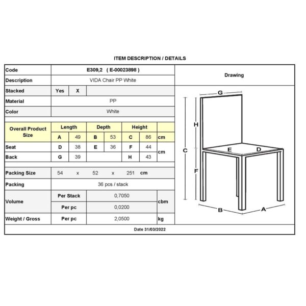 VIDA Καρέκλα Κήπου - Βεράντας Στοιβαζόμενη, PP Άσπρο 49x53x86cm - Image 6