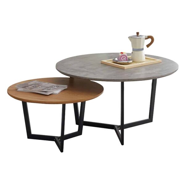 TEDDY Set-2 Τραπεζάκια Σαλονιού-Καθιστικού, Μέταλλο Μαύρο,Απόχρωση Καρυδί & Cement Φ.80 H.45cm + Φ.60 H.35cm - Image 2