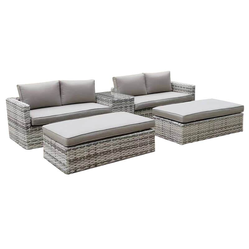 ASCOT Set Wicker Alu ASCOT Set Wicker Alu, Καναπές 4Θέσιος+2 σκαμπό+Τραπεζάκι, Wicker Grey White, Μαξιλ.Μπεζ Table:75x43x52cm Set 6 Seats - Image 1