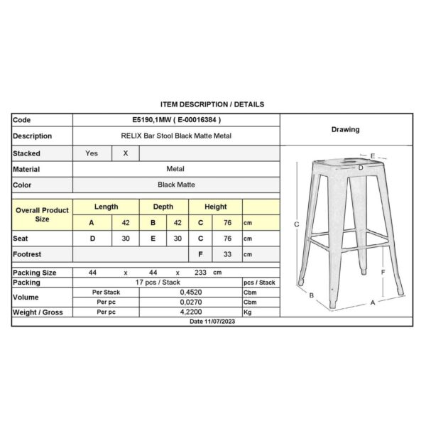 RELIX Σκαμπό Bar Στοιβαζόμενο, Μέταλλο Βαφή Μαύρο Extra Matte 42x42 H.76cm - Image 3