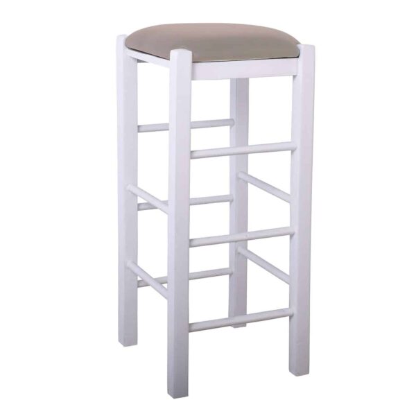 ΤΑΒΕΡΝΑΣ Σκαμπό BAR, Οξιά Βαφή Εμποτισμός Λάκα Άσπρο, Κάθισμα Pu Cappuccino 35x35x81cm - Image 2