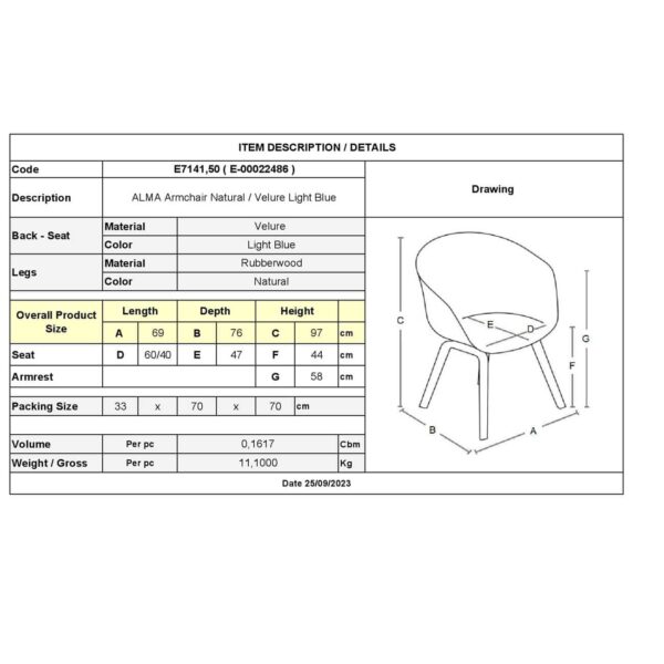 ALMA Πολυθρόνα - Μπερζέρα Σαλονιού - Καθιστικού Φυσικό Ύφασμα Ανοιχτό Μπλε Velure,K/D 69x76x97cm - Image 3
