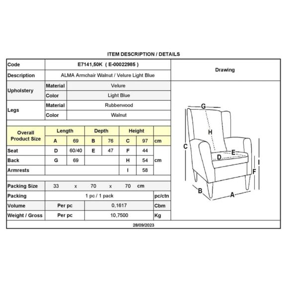 ALMA Πολυθρόνα - Μπερζέρα Σαλονιού - Καθιστικού Καρυδί Ύφασμα Ανοιχτό Μπλε Velure,K/D 69x76x97cm - Image 3