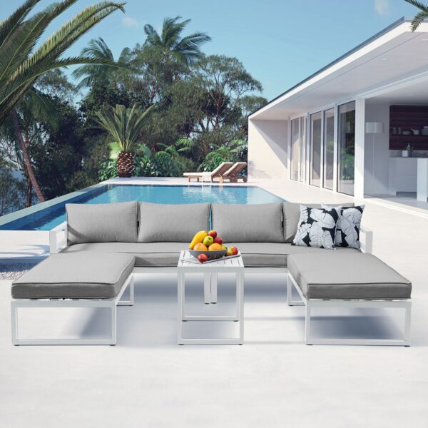 ORBEA Set Καθιστικό Κήπου ALU Άσπρο, Καναπές 4Θ+2 Πάγκοι+ Τραπέζι, Μαξιλάρι Μπεζ 250x68x60/120x65x30/68x42x52cm - Image 3