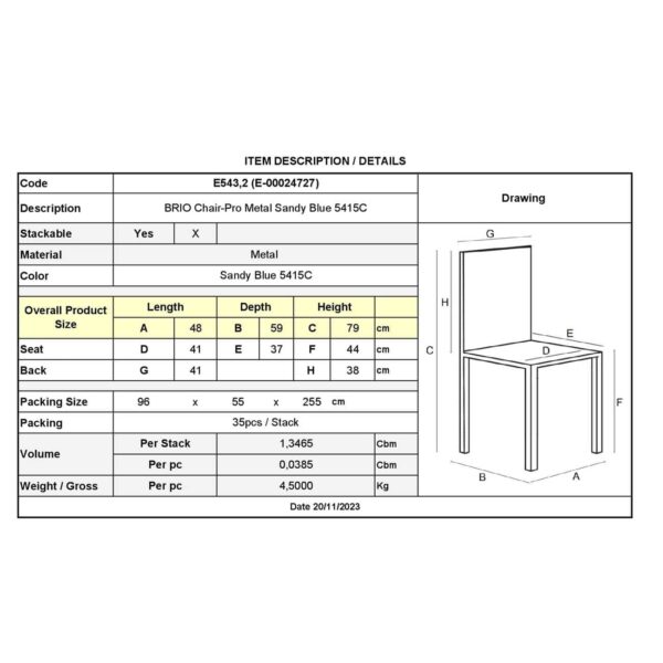 BRIO Καρέκλα-Pro Στοιβαζόμενη Μέταλλο Βαφή Sandy Blue 5415C 48x59x79cm - Image 3