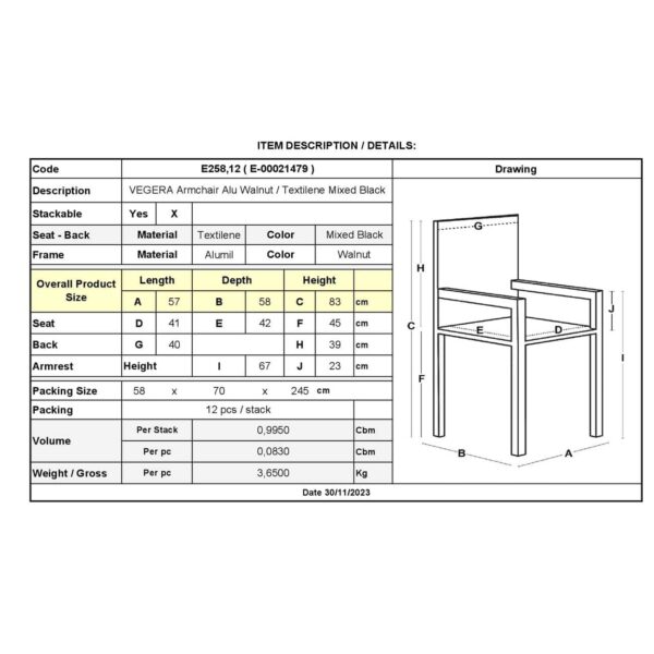 VEGERA Πολυθρόνα Dining Αλουμίνιο Βαφή Καρυδί Textilene Μαύρο, Στοιβαζόμενη 57x58x83cm - Image 6