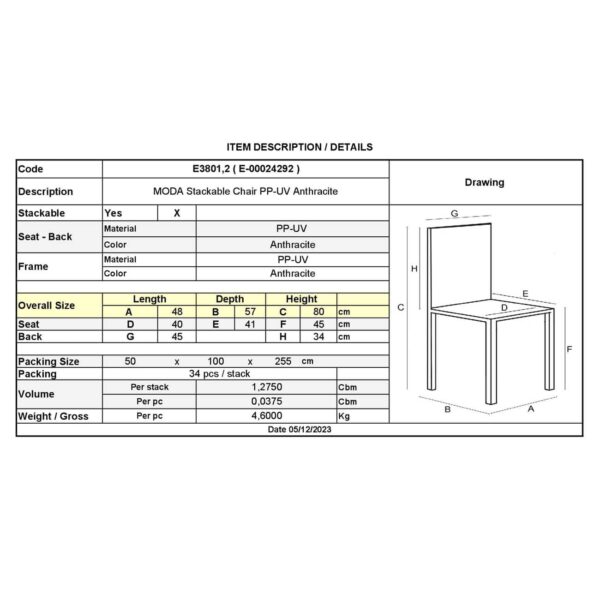MODA Καρέκλα-Pro Στοιβαζόμενη PP - UV Protection, Απόχρωση Ανθρακί 48x57x80cm - Image 6