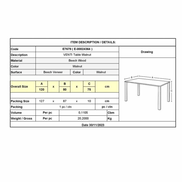VENTI Τραπέζι Οξιά Καρυδί 120x80x75cm - Image 3