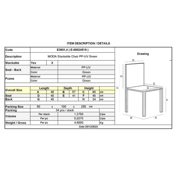 MODA Καρέκλα-Pro Στοιβαζόμενη PP - UV Protection, Απόχρωση Πράσινο 48x57x80cm - Image 3