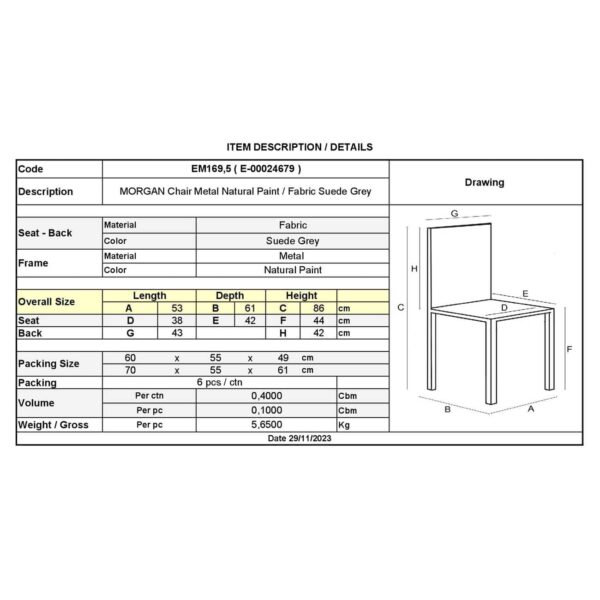 MORGAN Καρέκλα Τραπεζαρίας Σαλονιού, Μέταλλο Βαφή Φυσικό, Ύφασμα Suede Γκρι 53x61x86cm - Image 6