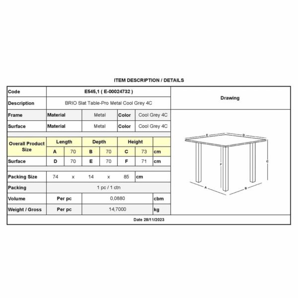 BRIO Slat Τραπέζι-Pro Κήπου - Βεράντας, Μέταλλο Βαφή Cool Grey 4C 70x70x73cm - Image 3