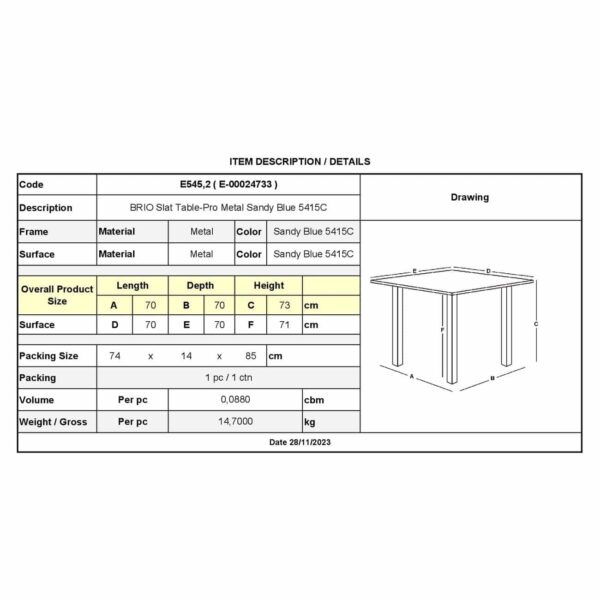 BRIO Slat Τραπέζι-Pro Κήπου - Βεράντας, Μέταλλο Βαφή Sandy Blue 5415C 70x70x73cm - Image 3