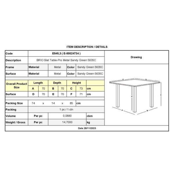 BRIO Slat Τραπέζι-Pro Κήπου - Βεράντας, Μέταλλο Βαφή Sandy Green 5635C 70x70x73cm - Image 3