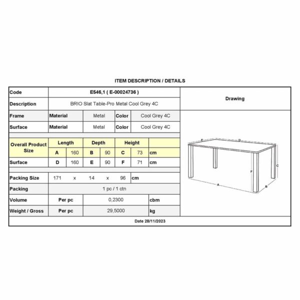 BRIO Slat Τραπέζι-Pro Κήπου - Βεράντας, Μέταλλο Βαφή Cool Grey 4C 160x90x73cm - Image 3