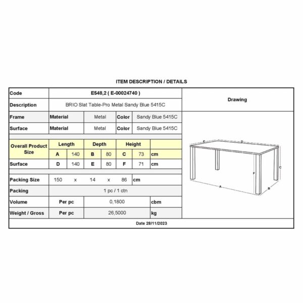 BRIO Flat Τραπέζι-Pro Κήπου - Βεράντας, Μέταλλο Βαφή Sandy Blue 5415C 140x80x73cm - Image 3