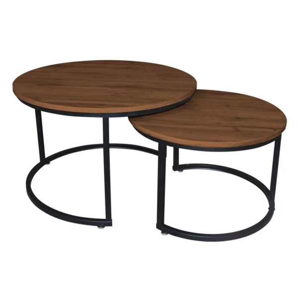 BOZZI Set-2 Τραπεζάκια Σαλονιού-Καθιστικού, Μέταλλο Βαφή Μαύρο, Απόχρωση Καρυδί Φ.59 H.39cm + Φ.74 H.47cm - Image 2