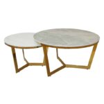 OTTO Set 2 Τραπεζάκια Σαλονιού , Χρώμιο Χρυσό, Sintered Stone Grey-White Marble Φ.80 H.45cm + Φ.60 H.38cm