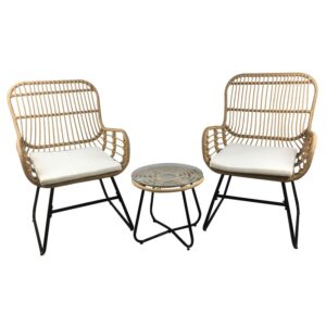 SALSA Yard Set Καθιστικό Κήπου (2+1) Μέταλλο Μαύρο, Wicker Φυσικό, Μαξιλάρια Εκρού Table Φ45x42/Chair 64x69x100cm