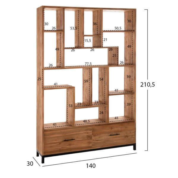 ΒΙΒΛΙΟΘΗΚΗ ROMULUS HM9803 ΑΝΑΚΥΚΛΩΜΕΝΟ ΞΥΛΟ ΤΕΑΚ ΜΕ 2 ΣΥΡΤΑΡΙΑ 140x30x210,5Yεκ. - Image 2