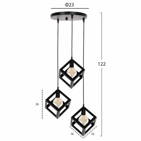 ΦΩΤΙΣΤΙΚΟ ΟΡΟΦΗΣ ΚΡΕΜΑΣΤΟ HM4036 3 ΚΥΒΟΙ ΜΑΥΡΟ ΜΕΤΑΛΛΟ Φ23x122Yεκ. - Image 2