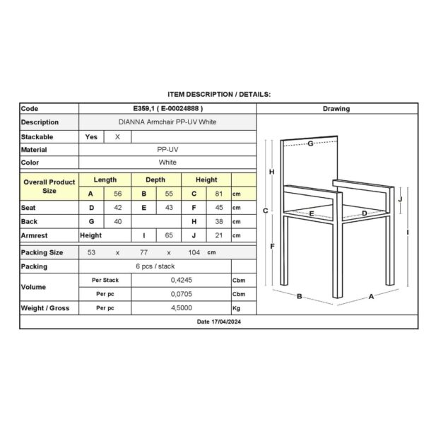 DIANNA Πολυθρόνα Στοιβαζόμενη, PP-UV Άσπρο 56x55x81cm - Image 3