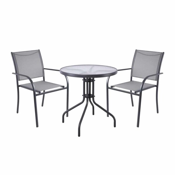 LANGLEY Set Κήπου: Τραπέζι + 2 Πολυθρόνες Στοιβαζόμενες Μέταλλο Ανθρακί,Textilene Γκρι Table:Φ60x70cm Chair:55x68x87 - Image 2
