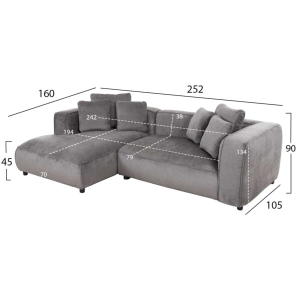ΚΑΝΑΠΕΣ ΓΩΝΙΑ (ΑΡΙΣΤΕΡΗ) 3-ΘΕΣΙΟΣ GRACE HM3280.03L ΓΚΡΙ ΥΦΑΣΜΑ 252x160x70-90Υεκ - Image 2