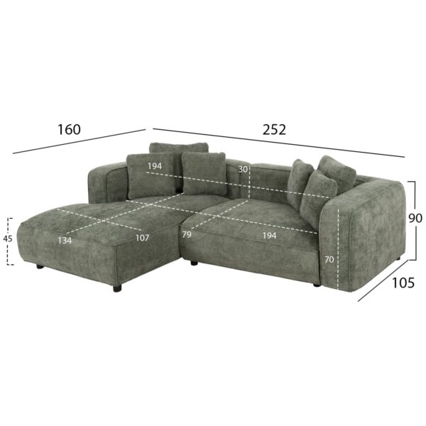 ΚΑΝΑΠΕΣ ΓΩΝΙΑ (ΑΡΙΣΤΕΡΗ) 3-ΘΕΣΙΟΣ GRACE HM3280.05L ΠΡΑΣΙΝΟ ΥΦΑΣΜΑ 252x160x70-90Υεκ - Image 2